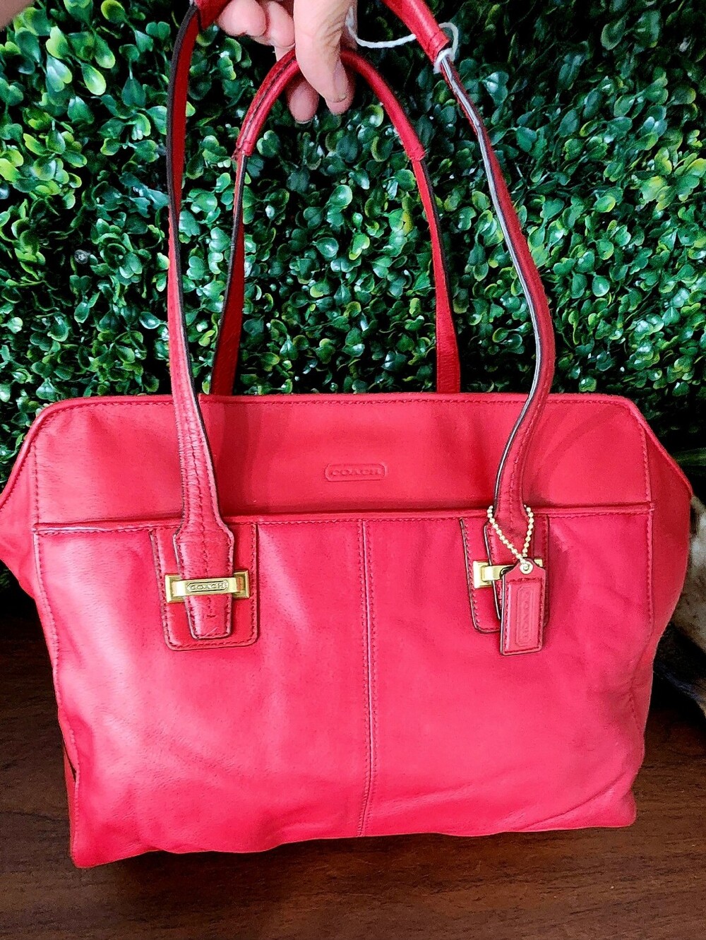 Coach Bright Red Leather Tote with Gold Accents